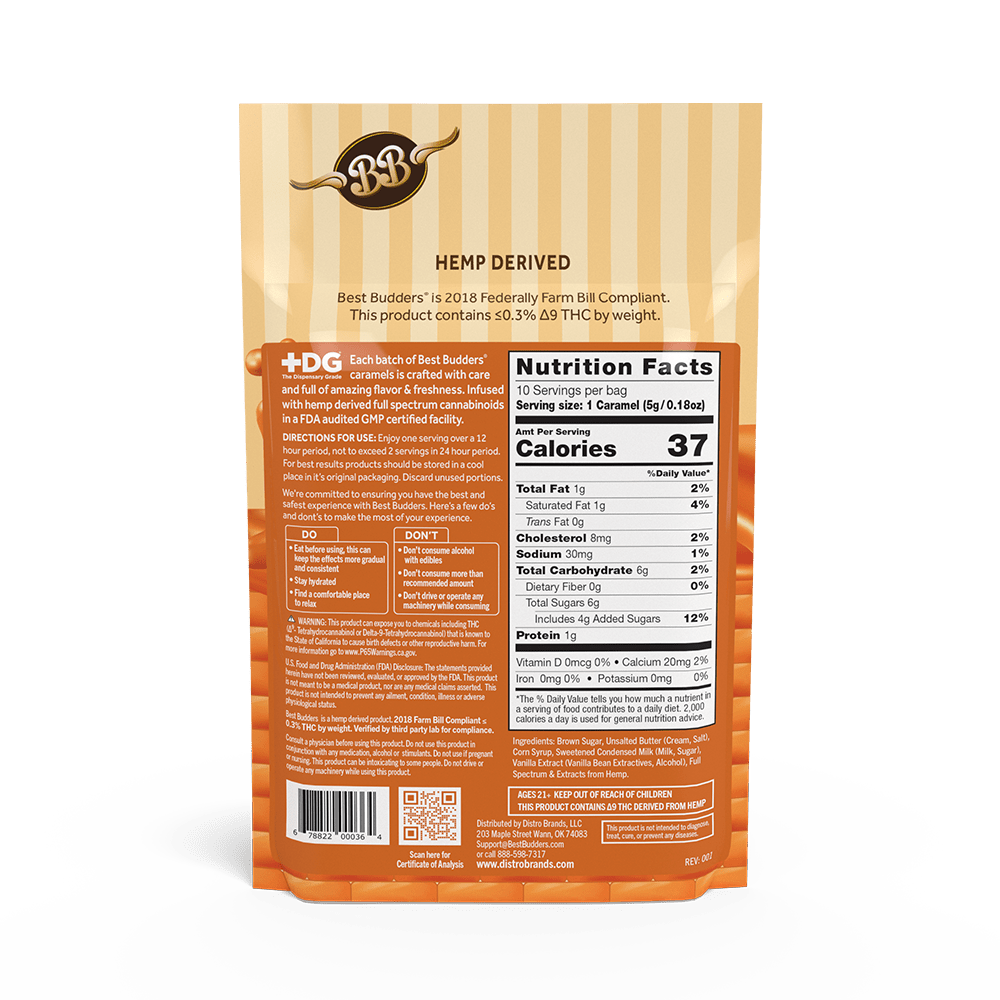Best Budders Cannabis Infused Caramels (10 Count Bag) | 10mg Delta - 9 THC + 5mg CBD Each - Thrive Apothecary - Distro Brands