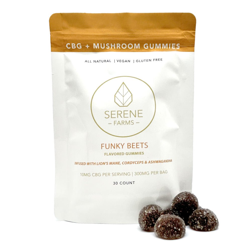 Boost focus and energy with Funky Beets CBG + Mushroom Gummies! Perfect for day or night. Shop Serene Farms cannabis gummies at Thrive Apothecary! Try it today!